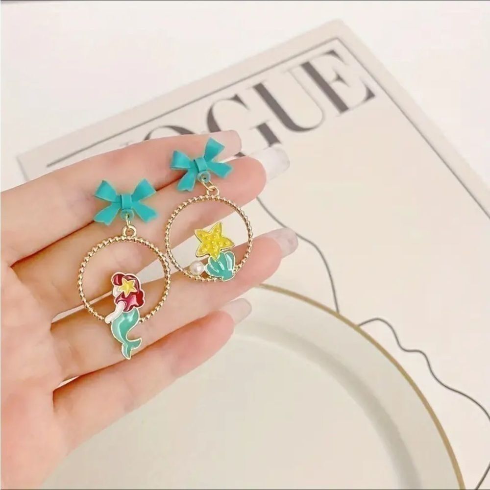 Little mermaid Cartoon Dangle Bow knot Earrings - Picture 4 of 4